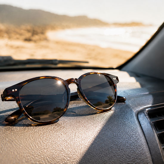 Sonnenbrille liegt auf einem Armaturenbrett im Auto