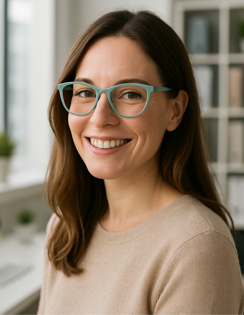 Frau mit pastellgrüner Brille.